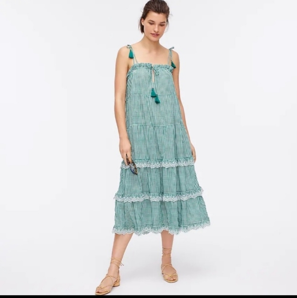 J. Crew Scalloped Tiered Dress In Textured Gingham